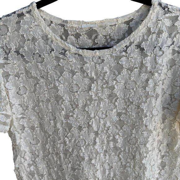 Vintage Y2K Womens Babydoll Ivory Stretch Lace Short Sleeve Semi Sheer Crop Top - Picture 5 of 7